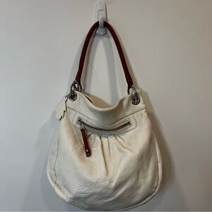 ROOTS Olivia White Leather Bag Brown Handle Crossbody Purse VGC